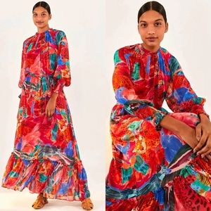 Farm rio high neck animal collage belted maxi dress